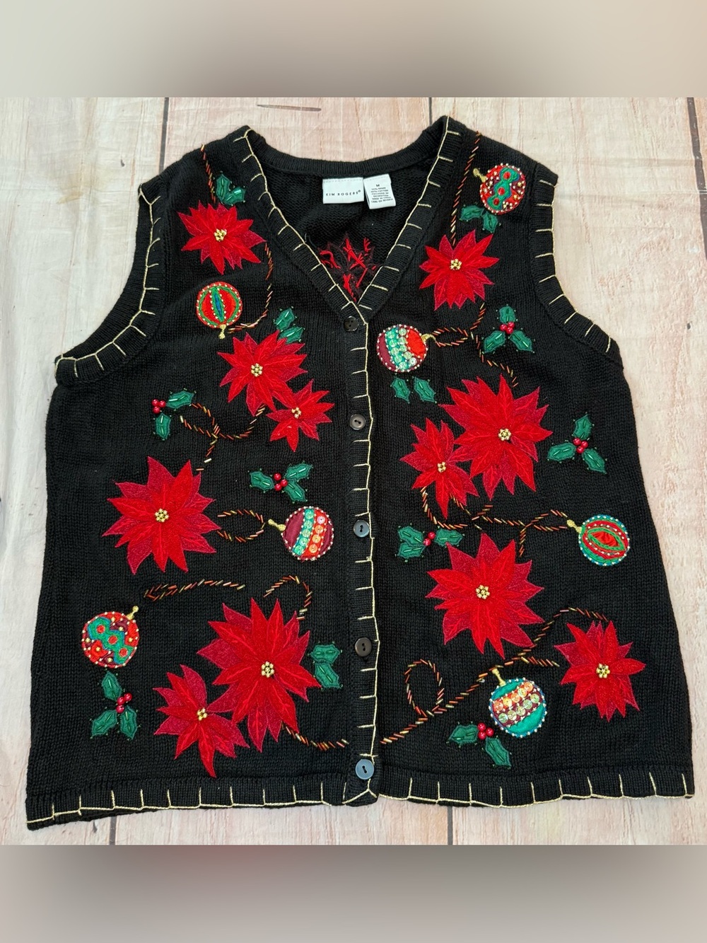 Vintage Kim Rogers Christmas Sweater Vest Medium Beaded Poinsettia Black Red